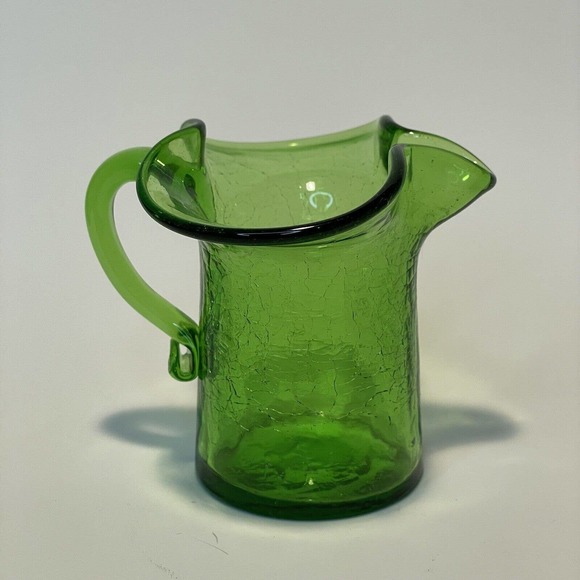 Vintage Glass Hand Blown Olive Green Crackle Small Glass Creamer Pitcher - Picture 4 of 8